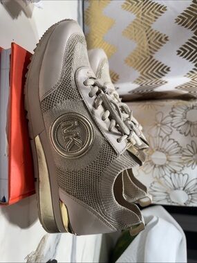 Michael Kors Beige and Gold Knit Logo Sneakers